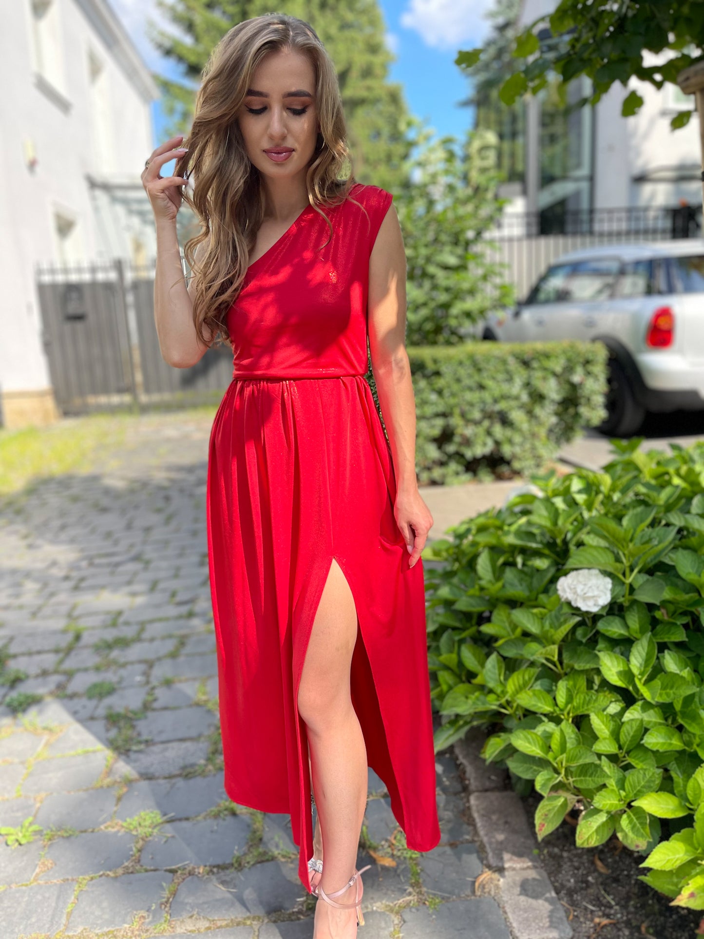 Brokatowa sukienka na wesele czerwona brokatowa do kostek na jedno ramię id:599