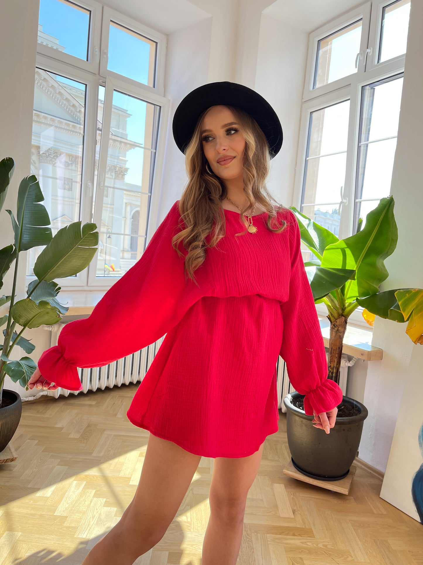 Czerwona bawełniana sukienka mini z muślinu id:1719