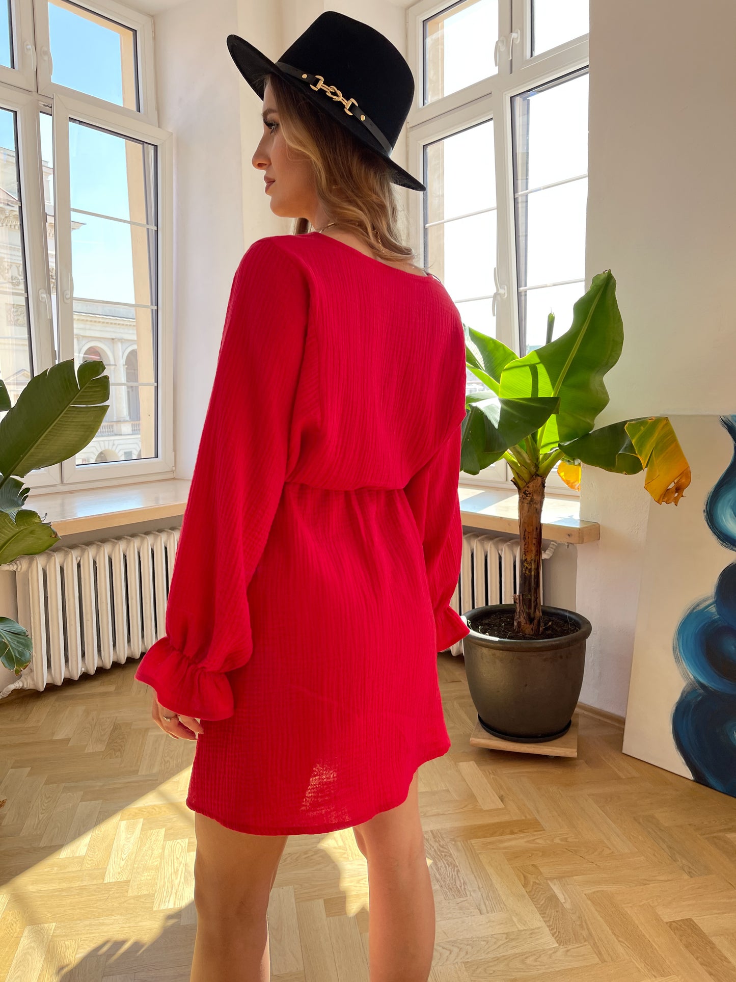 Czerwona bawełniana sukienka mini z muślinu id:1719