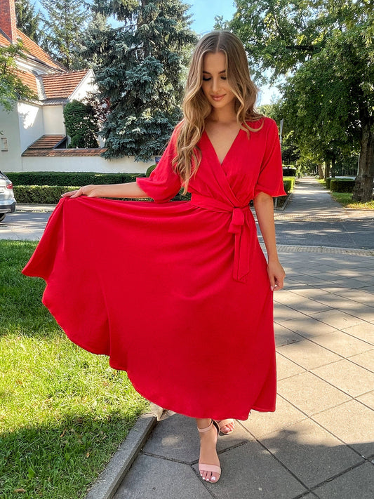 Czerwona sukienka na wesele - midi z wiskozy z bufiastymi rękawami id:36