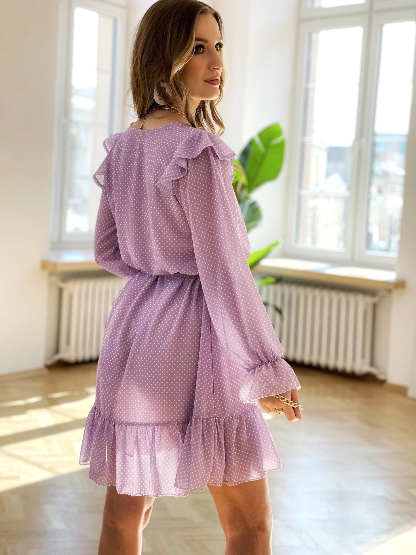 Szyfonowa sukienka w groszki z długim rękawem dla mam karmiących id:506a