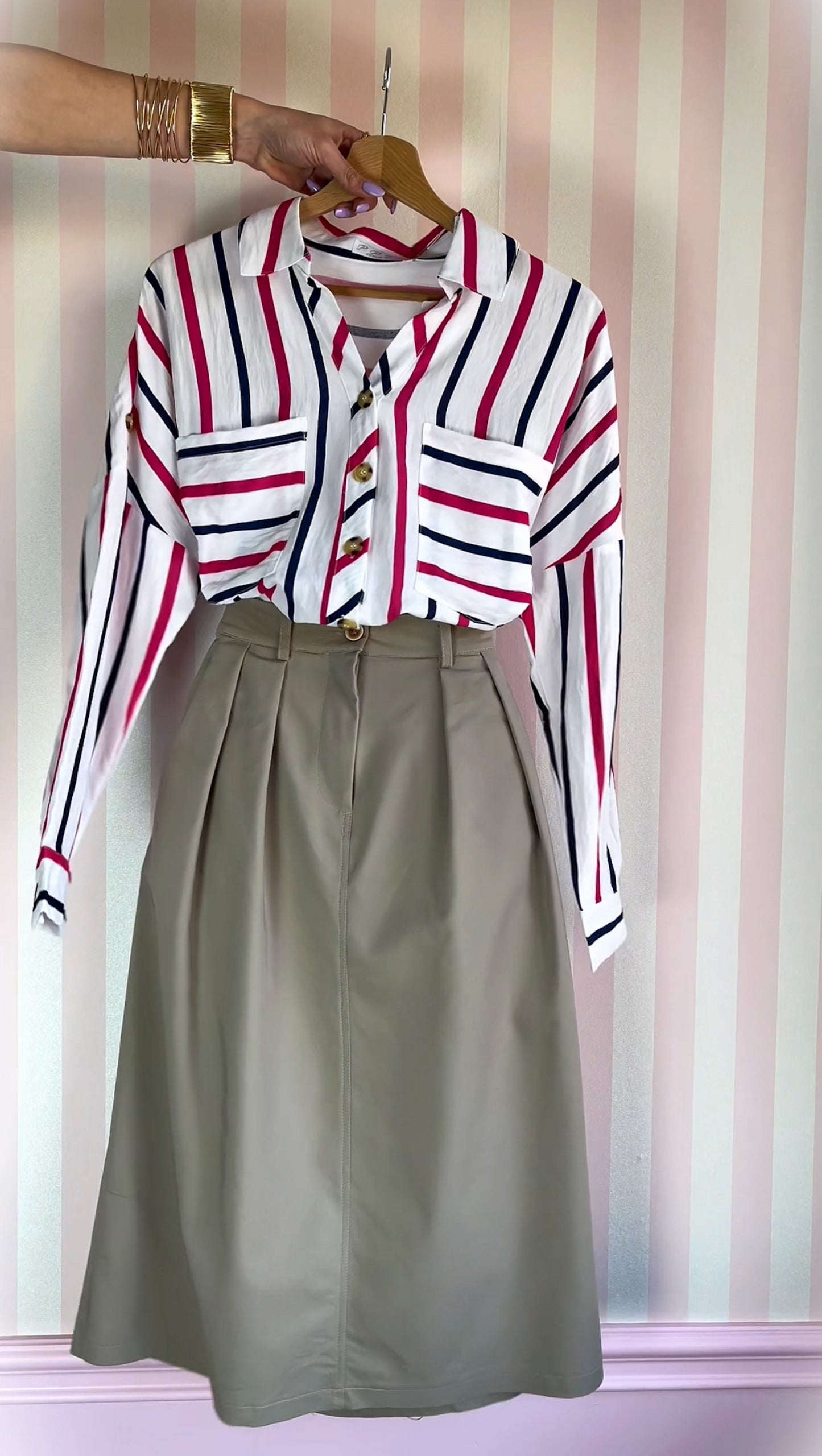 KOSZULA biała damska w różowe i niebieski paski id:1050