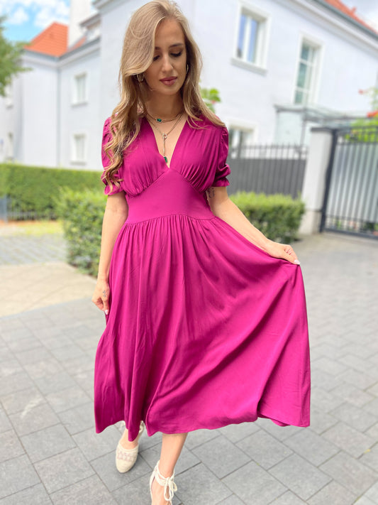 Śliwkowa sukienka maxi z wiskozy okolicznościowa z dekoltem w serek id:2047