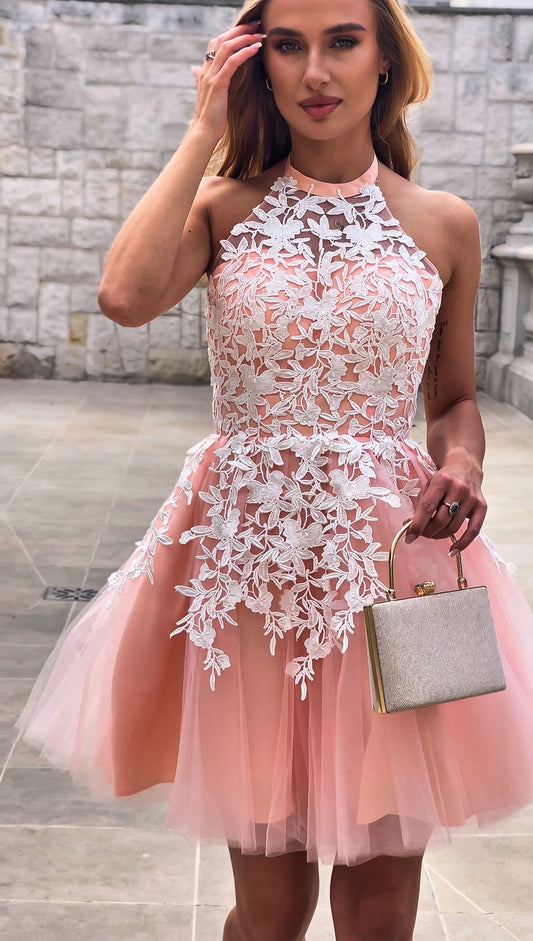 Sukienka koktajlowa pudrowy róż z koronką i tiulem id:2203