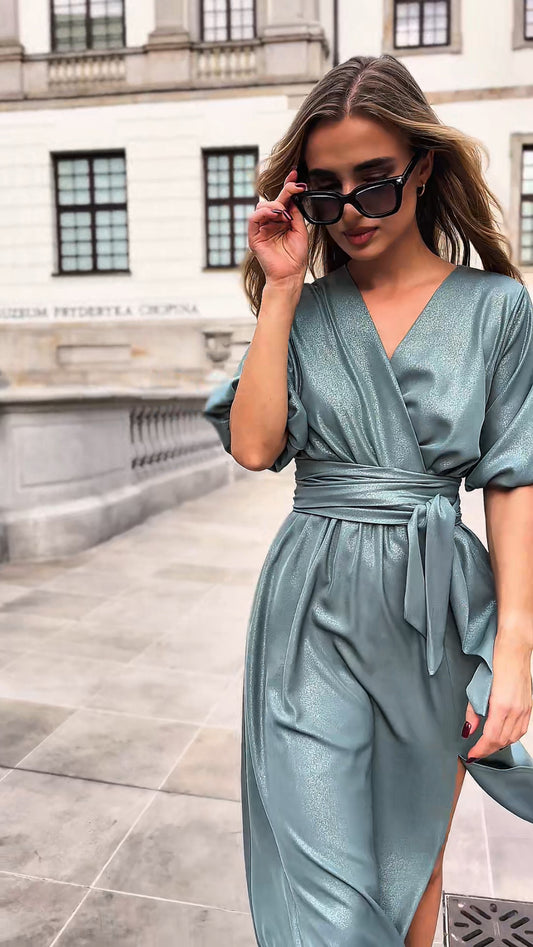 Rozkloszowana brokatowa sukienka okolicznościowa w odcieniu szałwiowym z szerokim pasem id:2211