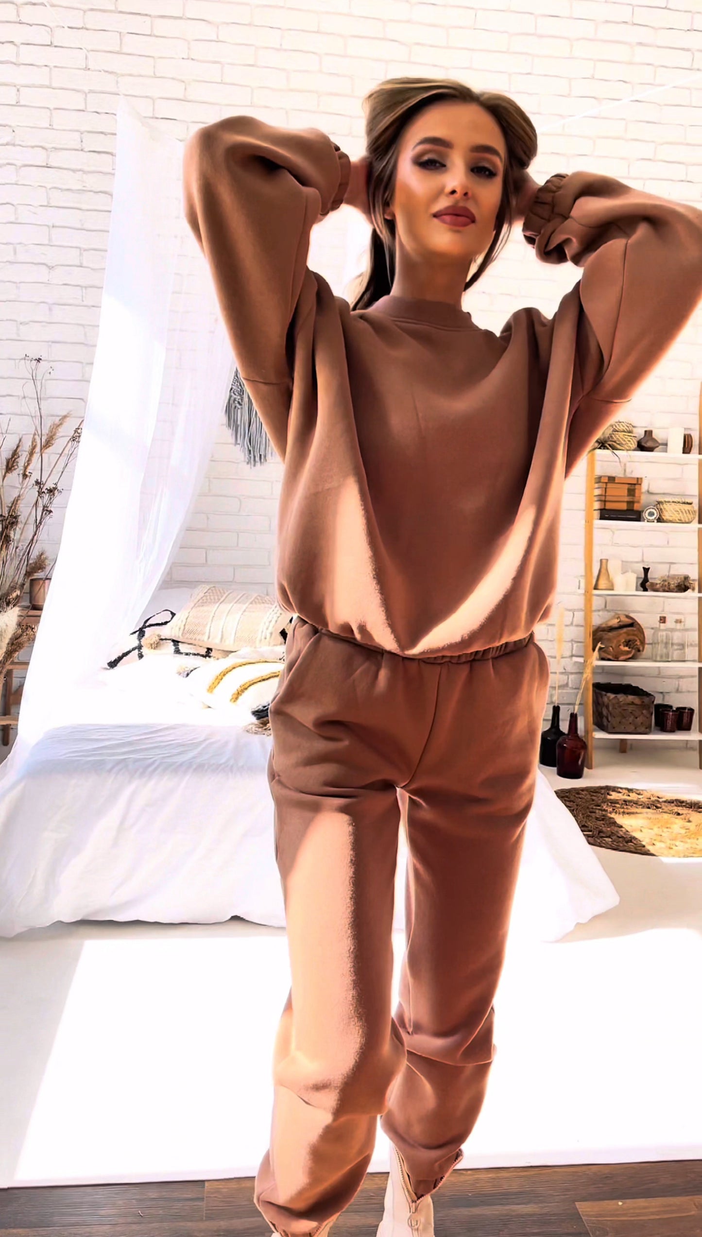 Ciepły beżowy bawełniany komplet dresowy bluza i spodnie id:1801