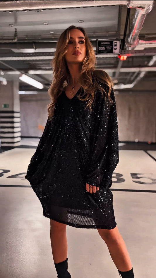 Czarna cekinowa sukienka bombka o luźnym kroju nietoperzowym id:2264
