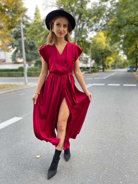 Bordowa sukienka maxi z wiskozy z falbanami na ramionach id: 2063