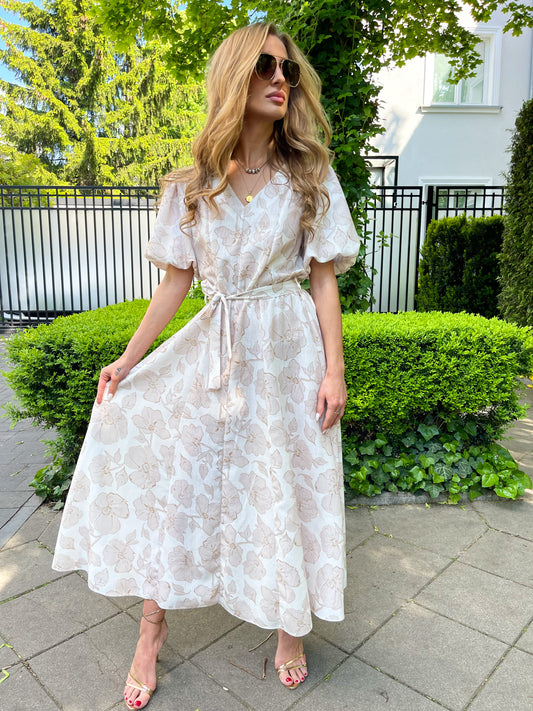 Kremowa sukienka na wesele midi w beżowe kwiaty rozkloszowana z bufkami id:2064