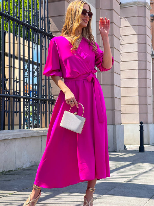 Fuksjowa sukienka na wesele maxi do kostek z bufiastymi rękawami rozkloszowana id:2099