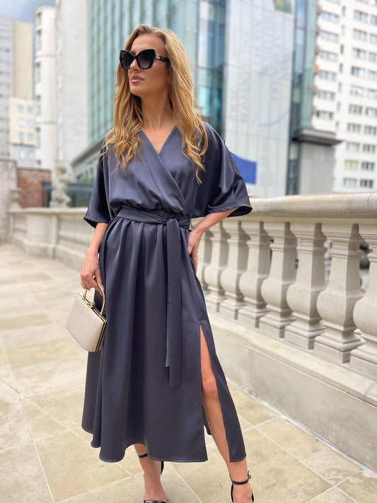 Satynowa grafitowa sukienka na wesele midi rozkloszowana id:2129