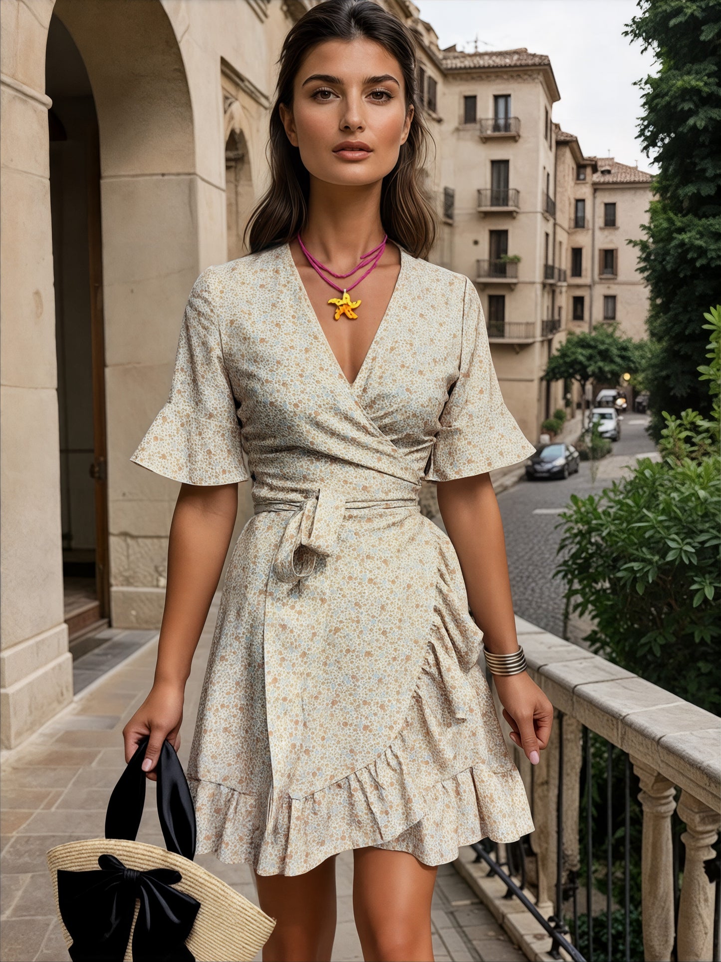 Beżowa kopertowa sukienka mini z wiskozy w kwiatki id:2078