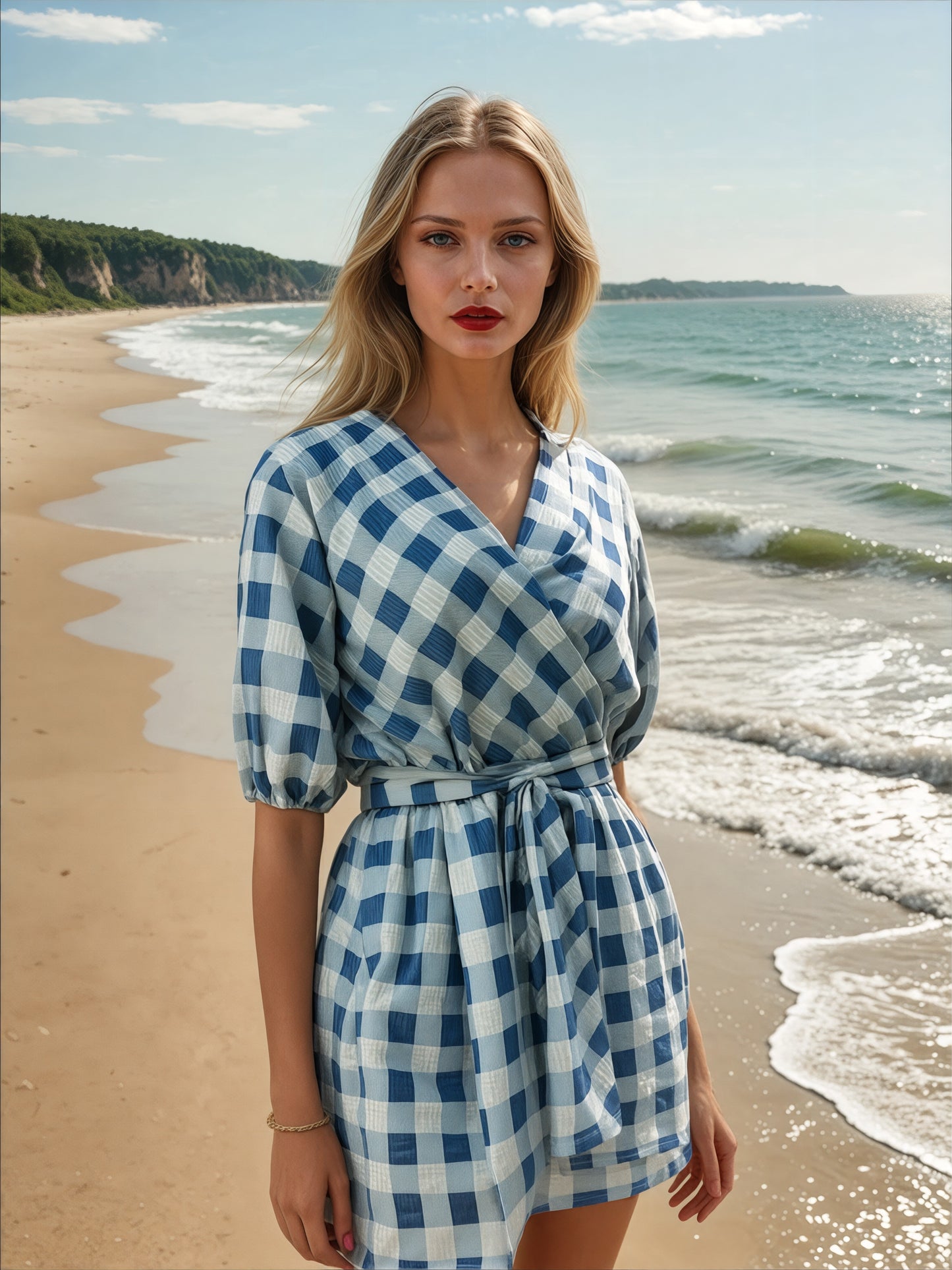 Sukienka bawełniana mini z muślinu w błękitną kratę id:2009