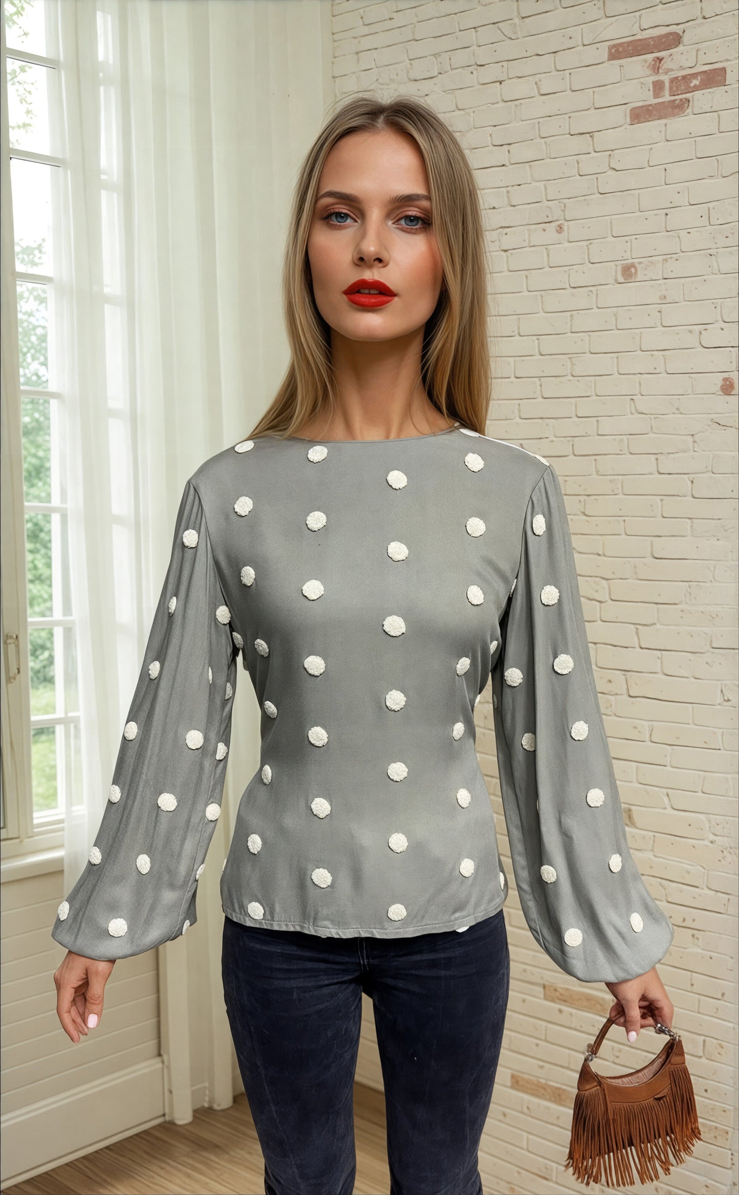 Zielona bluzka z pluszowymi kropkami  i kokardą id:892