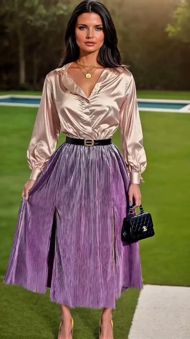 Spódnica metaliczna midi śliwkowa z dwoma rozcięciami i podszewką id:901