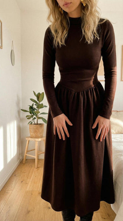 Brązowa sukienka midi z długim rękawem i wiązaniem id:2298