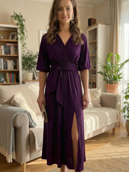 Rozkloszowana sukienka w kolorze fioletowym z brokatem id:2285