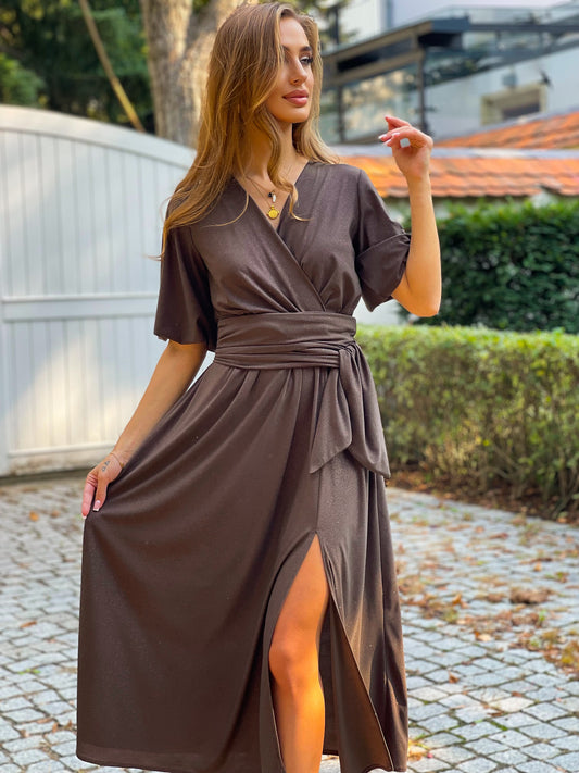 Sylwestrowa sukienka w kolorze oliwkowym z brokatem id:1623