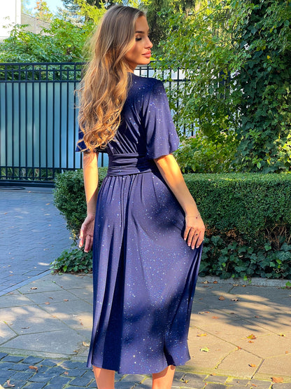 Rozkloszowana sukienka midi w kolorze granatowym z brokatem id:1624