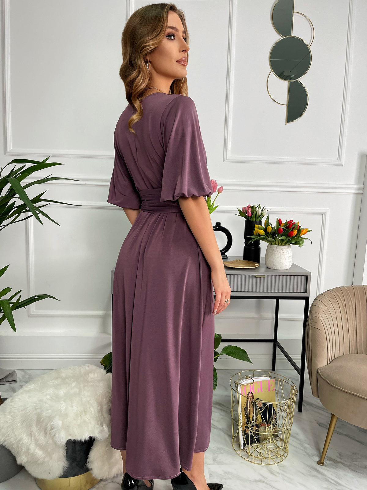 Lawendowa sukienka na wesele rozkloszowana midi oversize z szerokim pasem id:163