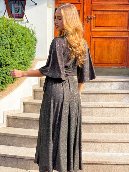 Czarna rozkloszowana sukienka midi ze złotym brokatem id:1659