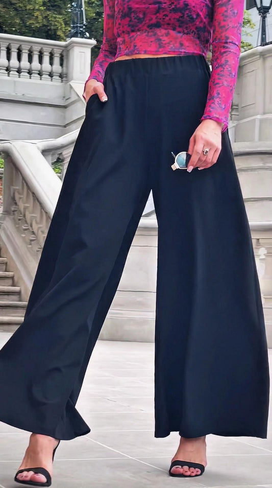 Czarne eleganckie spodnie damskie do pracy dzwony luźne na gumkę id:2317