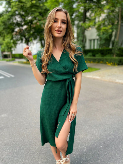 Bawełniana muślinowa sukienka midi w butelkowej zieleni id:310