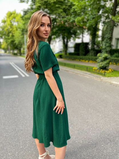 Bawełniana muślinowa sukienka midi w butelkowej zieleni id:310