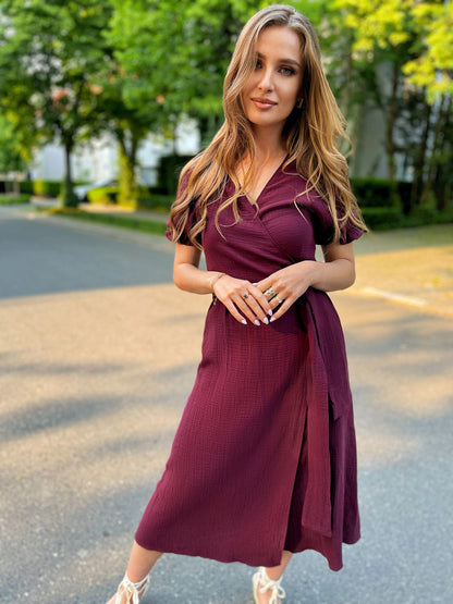 Bawełniana śliwkowa sukienka midi z muślinu id:324