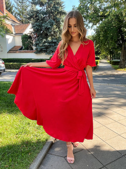 Czerwona sukienka na wesele - midi z wiskozy z bufiastymi rękawami id:36