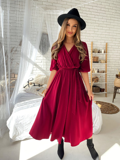 Bordowa sukienka maxi z wiskozy bufiastymi rękawami id:43