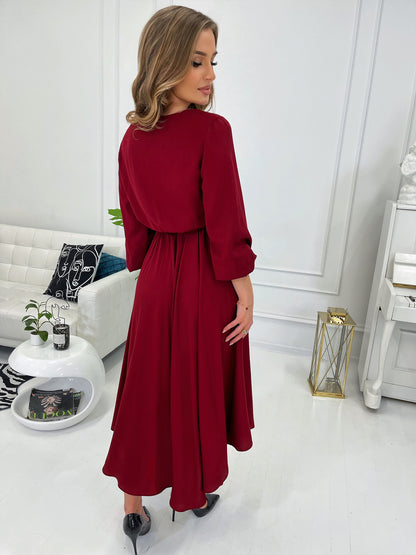 Bordowa rozkloszowana sukienka midi z wiskozy z paskiem id:61