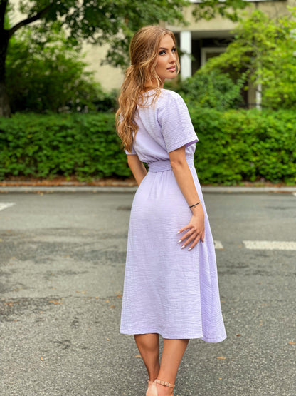 Liliowa bawełniana muślinowa sukienka midi id:90