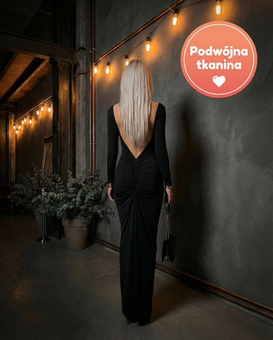 Czarna dopasowana sukienka na Studniówkę maxi z odkrytymi plecami i marszczeniem id:927