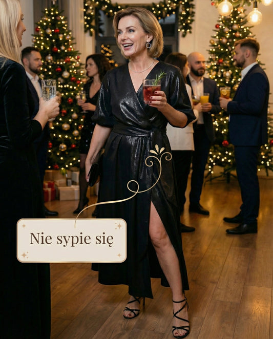 Czarna okolicznościowa sukienka ze srebrnym połyskiem rozkloszowaa i rozporkiem na nogę id:2263