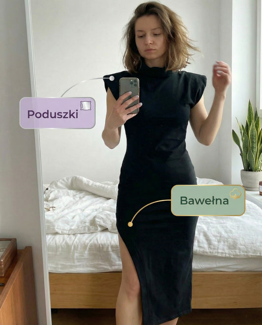 Czarna asymetryczna dopasowana sukienka midi z golfem z bawełny bez rękawów id:965