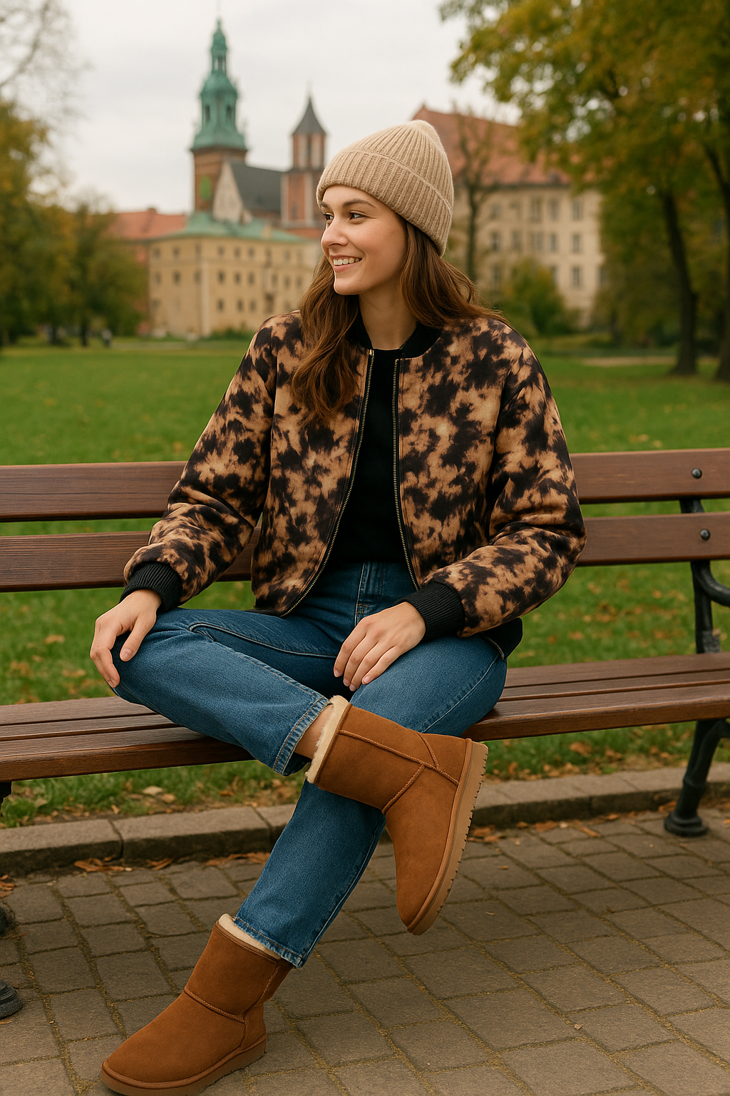 Welurowa kurtka bomberka damska oversize  – beżowo-czarny efekt id:2268