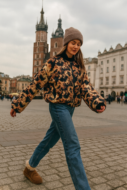 Welurowa kurtka bomberka damska oversize  – beżowo-czarny efekt id:2268