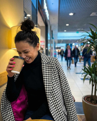 Oversize’owa marynarka żakardowa w pepitkę z fuksjową podszewką id:2301