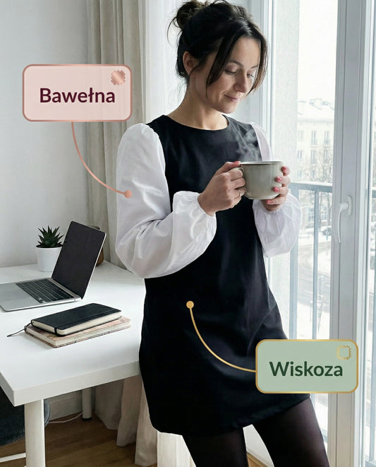 Czarnobiała sukienka trapezowa mini z koszulowymi rękawami oversize id:2304