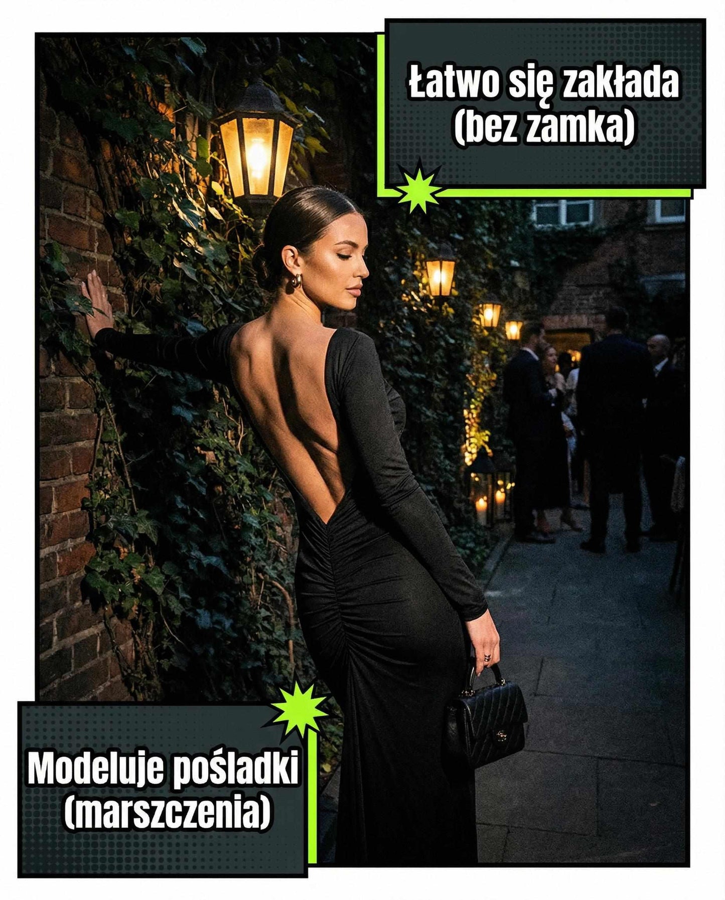 Czarna dopasowana sukienka na Studniówkę maxi z odkrytymi plecami i marszczeniem id:927