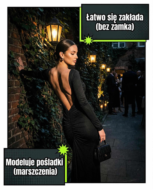 Czarna dopasowana sukienka na Studniówkę maxi z odkrytymi plecami i marszczeniem id:927