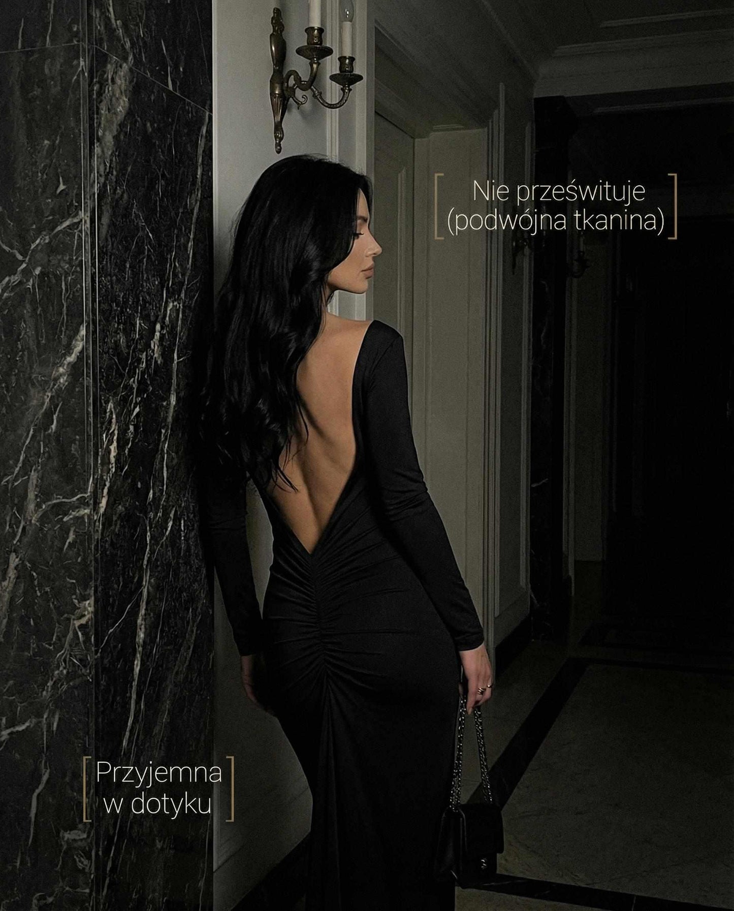 Czarna dopasowana sukienka na Studniówkę maxi z odkrytymi plecami i marszczeniem id:927