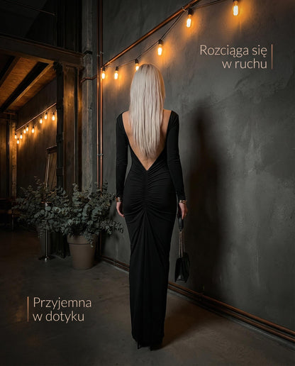 Czarna dopasowana sukienka na Studniówkę maxi z odkrytymi plecami i marszczeniem id:927