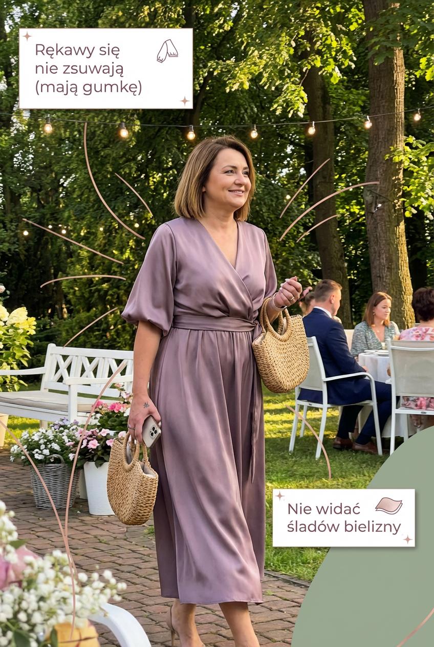 Satynowa sukienka mokka na wesele midi z bufiastymi rękawami rozkloszowana id:2128A