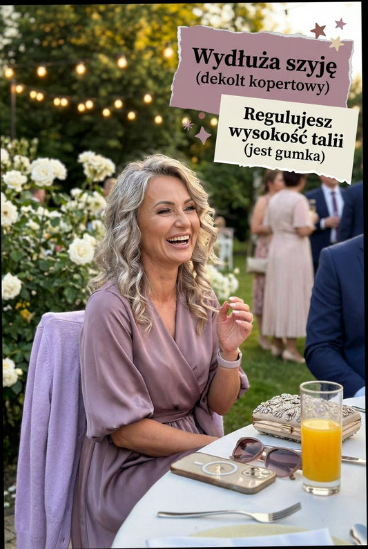 Satynowa sukienka mokka na wesele midi z bufiastymi rękawami rozkloszowana id:2128A