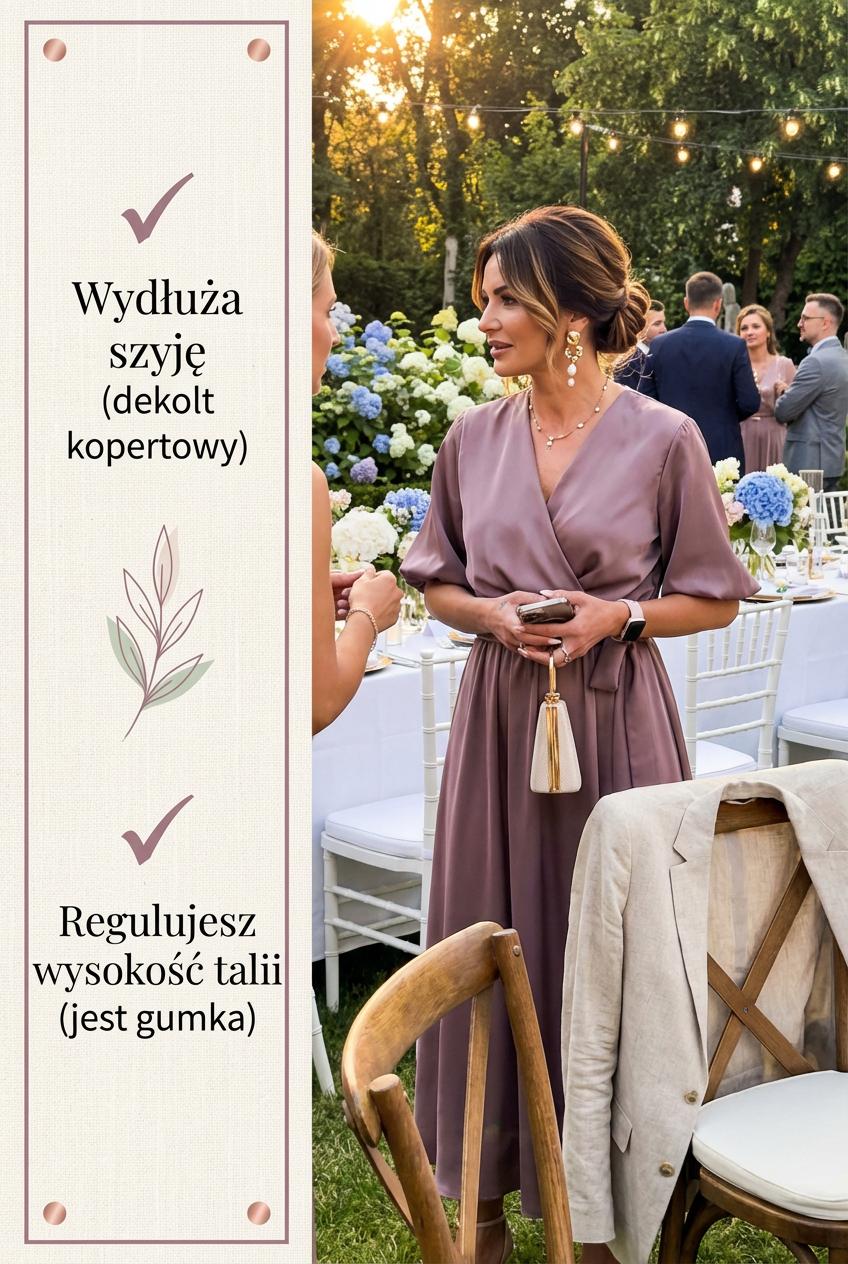 Satynowa sukienka mokka na wesele midi z bufiastymi rękawami rozkloszowana id:2128A