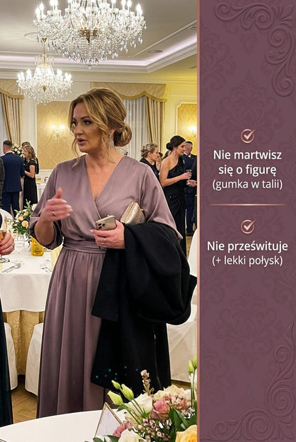 Satynowa sukienka mokka na wesele midi z bufiastymi rękawami rozkloszowana id:2128A