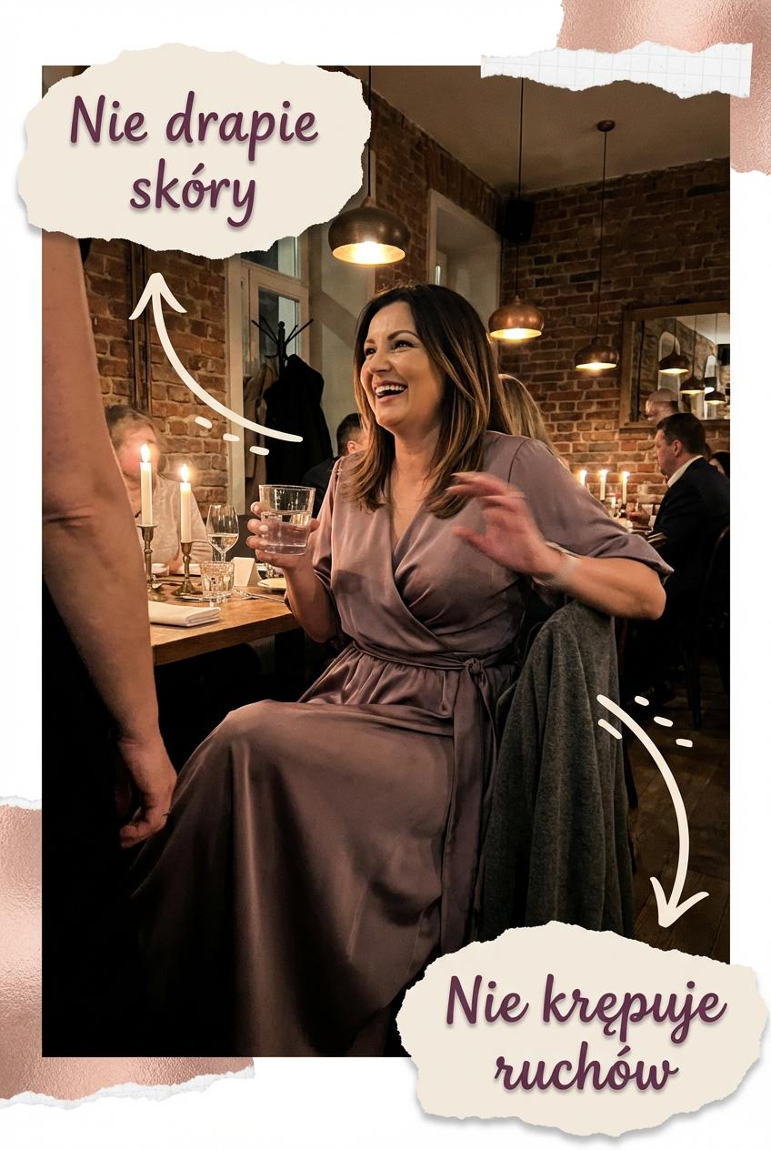 Satynowa sukienka mokka na wesele midi z bufiastymi rękawami rozkloszowana id:2128A