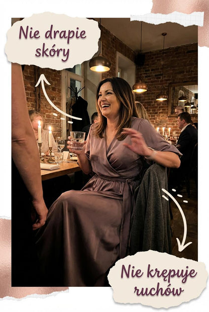 Satynowa sukienka mokka na wesele midi z bufiastymi rękawami rozkloszowana id:2128A